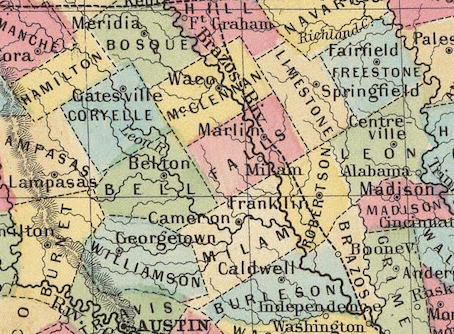 Some counties mentioned in Brandon’s diary, cropped from Texas County Map (1860)
