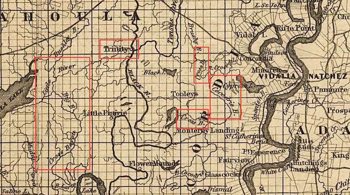 Clipping of J. H. Colton’s map of the state of Louisiana and eastern part of Texas (1863) showing locations mentioned in Brandon’s account of his flight from Natchez.