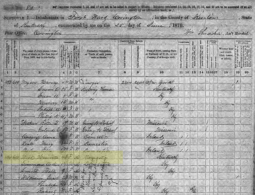 Image of 1870 Census with Henrietta Wood highlighted.
