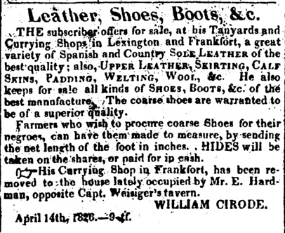 Ad placed by William Cirode in Frankfort Argus, May 31, 1826. From GenealogyBank.com.