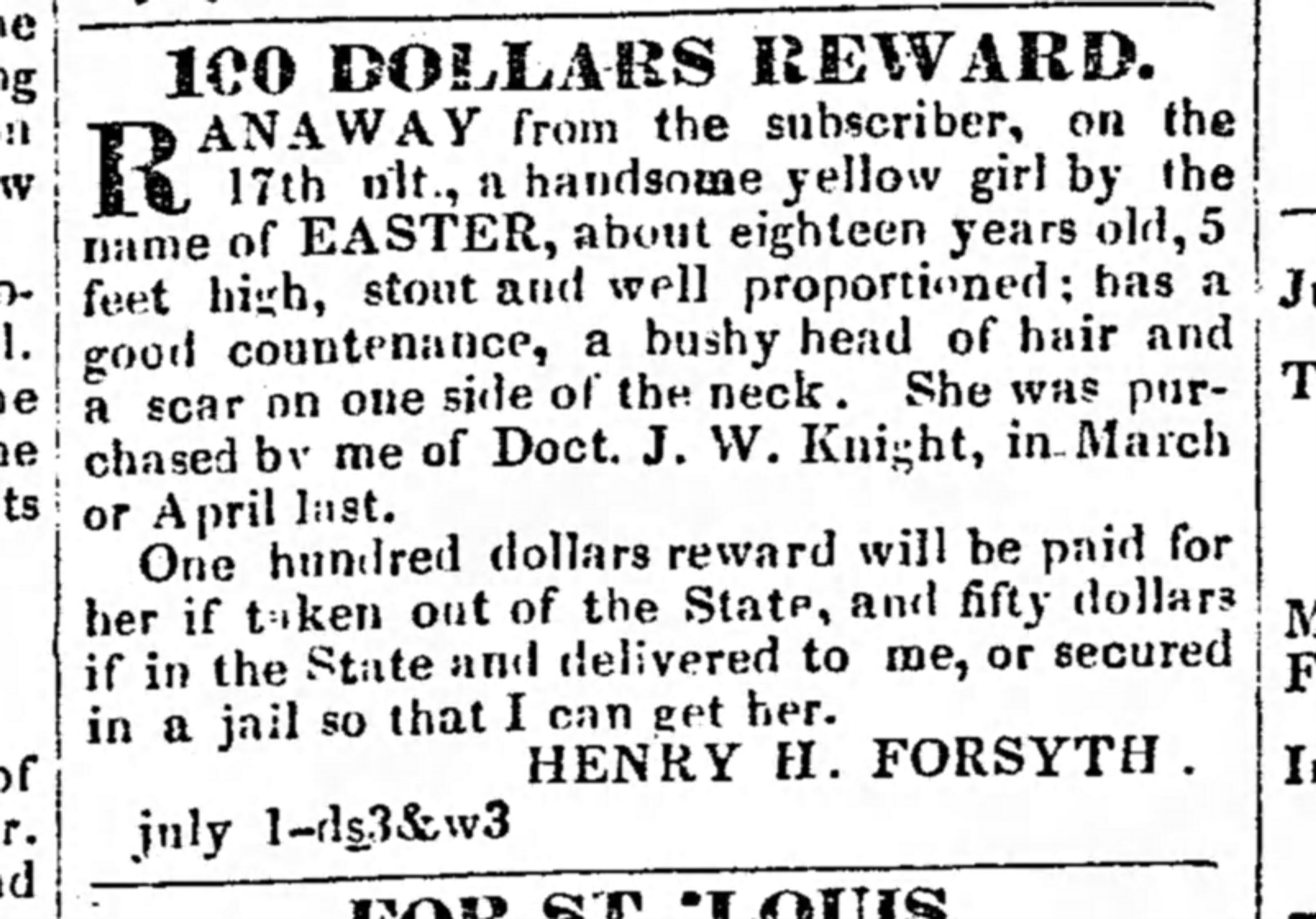 A runaway ad in the July 1, 1836, issue of the Louisville Courier Journal, placed by Henry Forsyth.