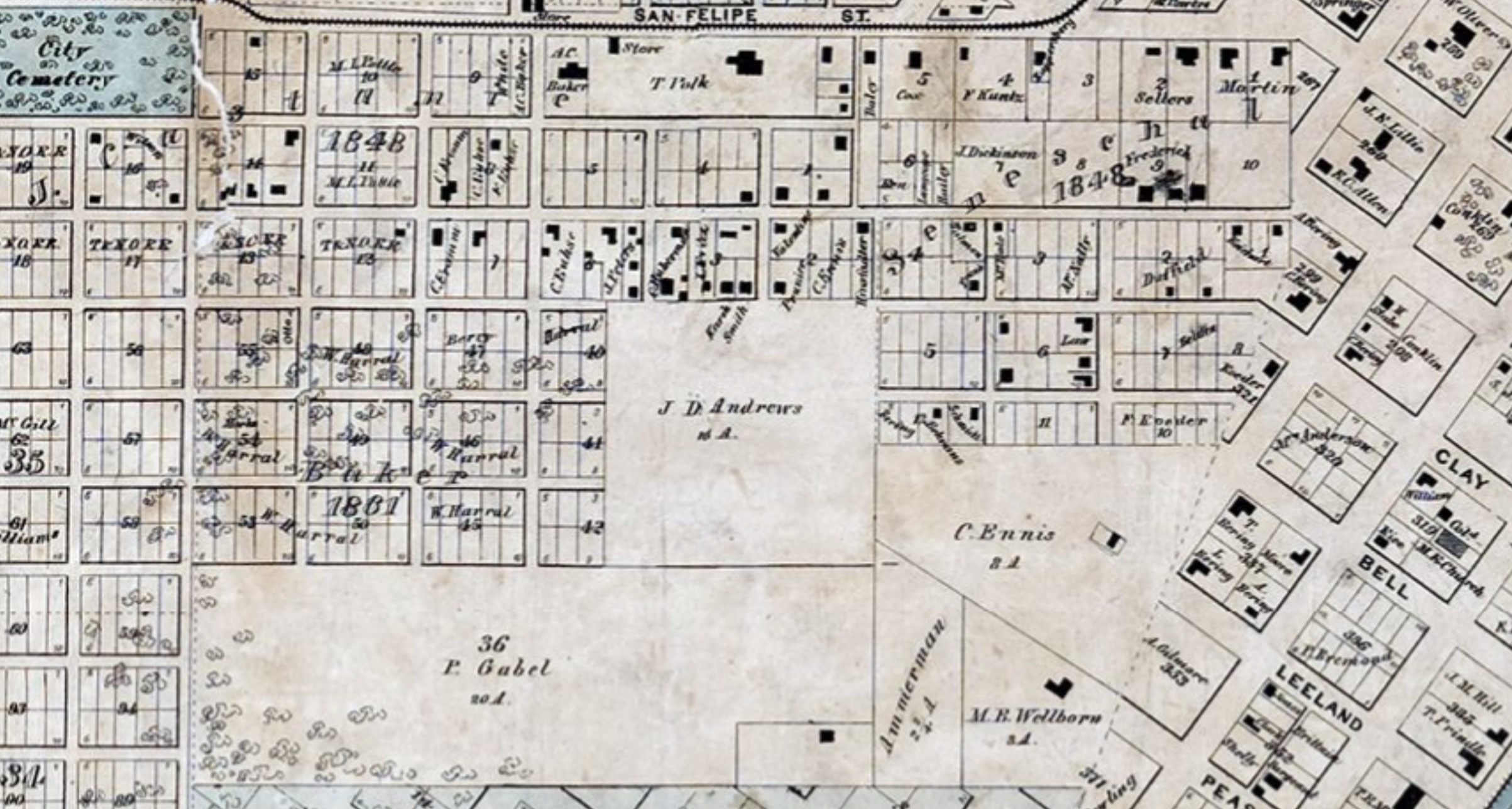 Vicinity of Hangman’s Grove (unmarked) shown on 1869 map by W. E. Wood.