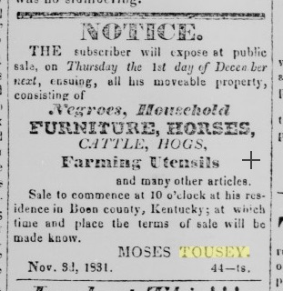 Ad placed by Moses Tousey in Indiana Palladium (Lawrenceburg), November 12, 1831.