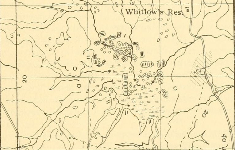 An 1899 sketch of Rayburn’s Salt Works, with circles showing locations of wells and hashmarks showing furnaces, from Harris and Veatch, Preliminary Report, p. 53.