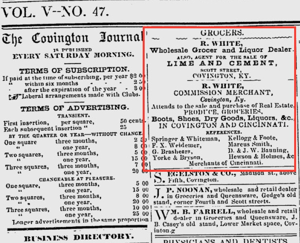 Example of an R. White ad from front page of June 11, 1853, issue of Covington Journal