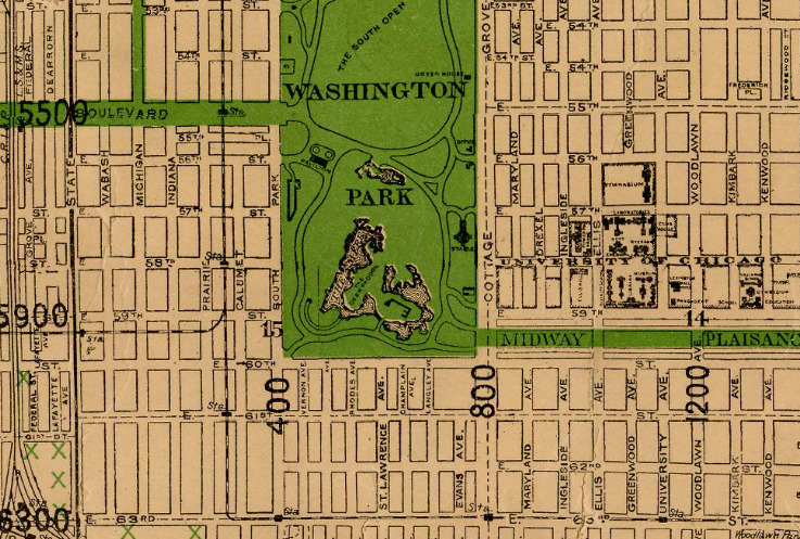 Clipping of Simms’s neighborhood; his residences clustered around the left side of the picture. From Rand McNally New Standard Map of Chicago (1913).