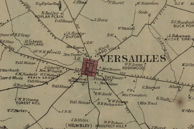 Map showing location of Ward’s horse farm in Versailles, clipped from topographical map by E. A. and G. W. Hewitt (1861)